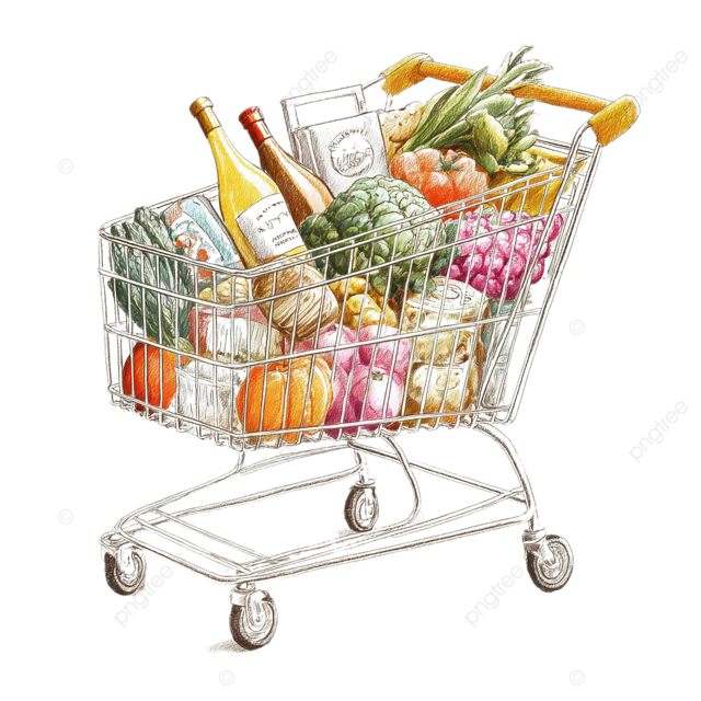 现代故事书插图在白色背景的购物车中的杂货