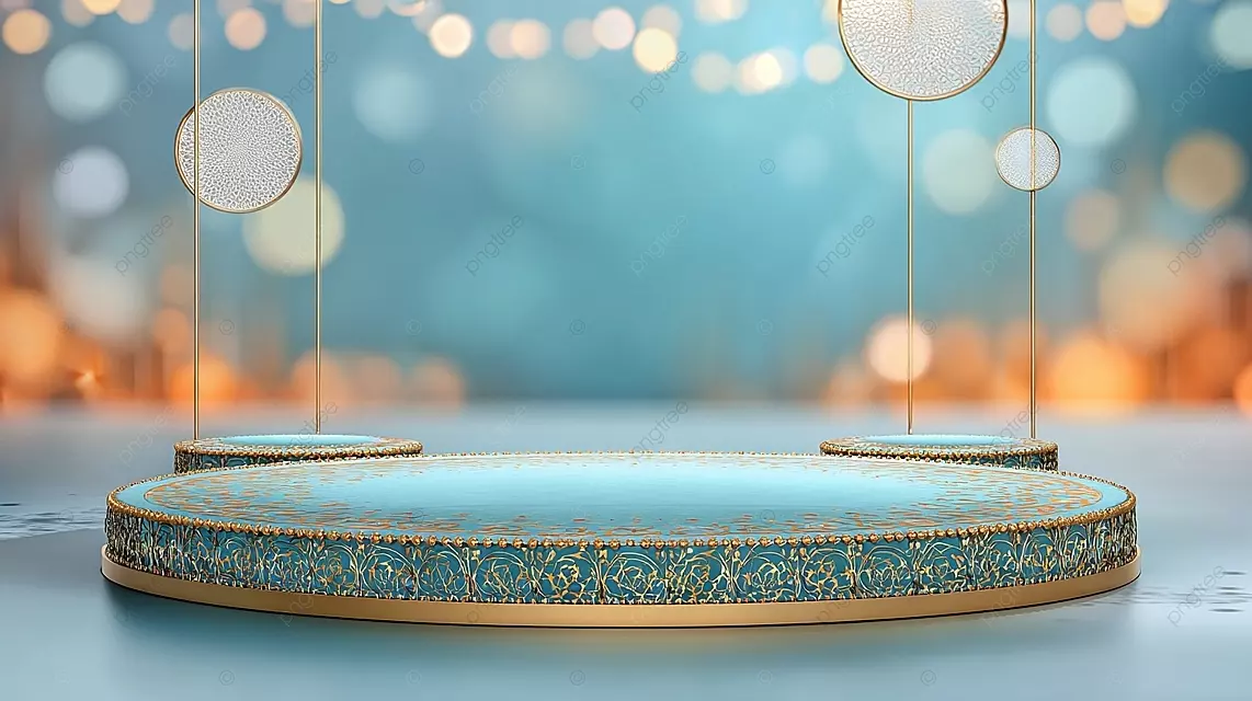 装饰性舞台背景，带有梯度蓝色至橙色和金色圆形平台