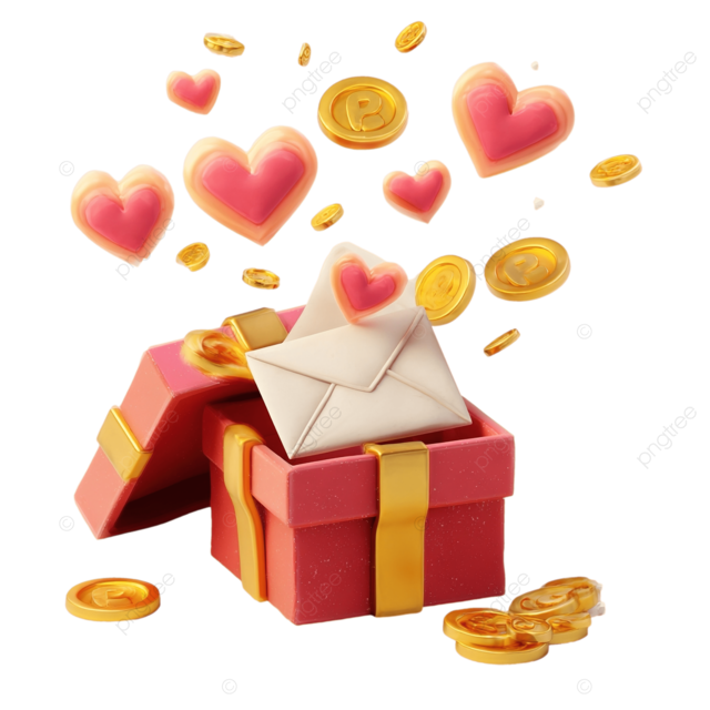 红色打开的礼品盒，配有金丝带和心形卡通 3D 图标