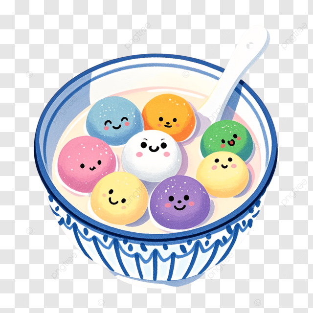 插画风格的卡通汤圆和青花瓷碗