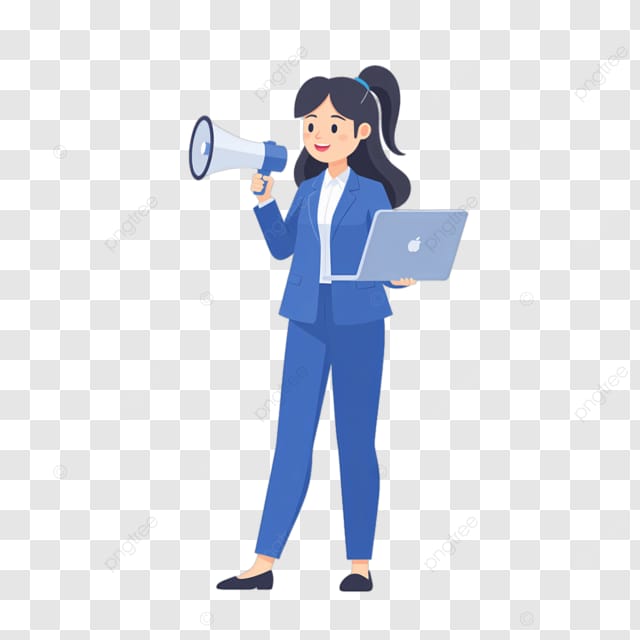 女性员工使用扩音器和笔记本电脑进行宣传