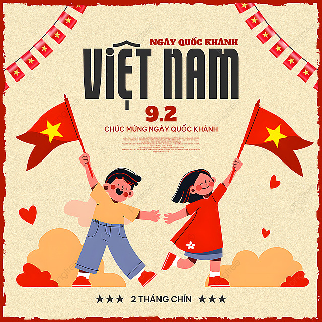 卡通插画男孩女孩国旗彩旗越南国庆日独立日节日祝福社交媒体广告