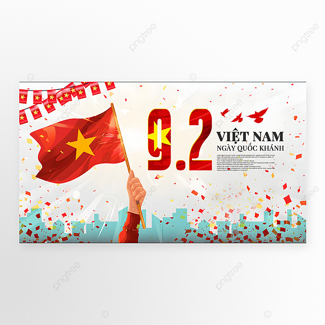 越南国旗飘扬碎片鸽子城市剪影越南国庆日节日庆祝网页横幅