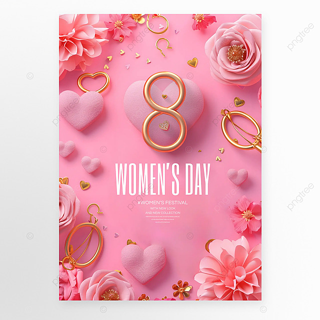 立体3d花卉金色首饰艺术字38国际妇女节节日祝福海报