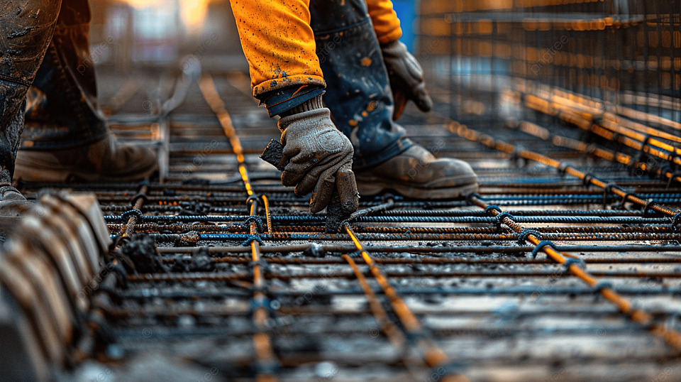 工人在建筑工地用钢丝钳刀具固定钢筋框架