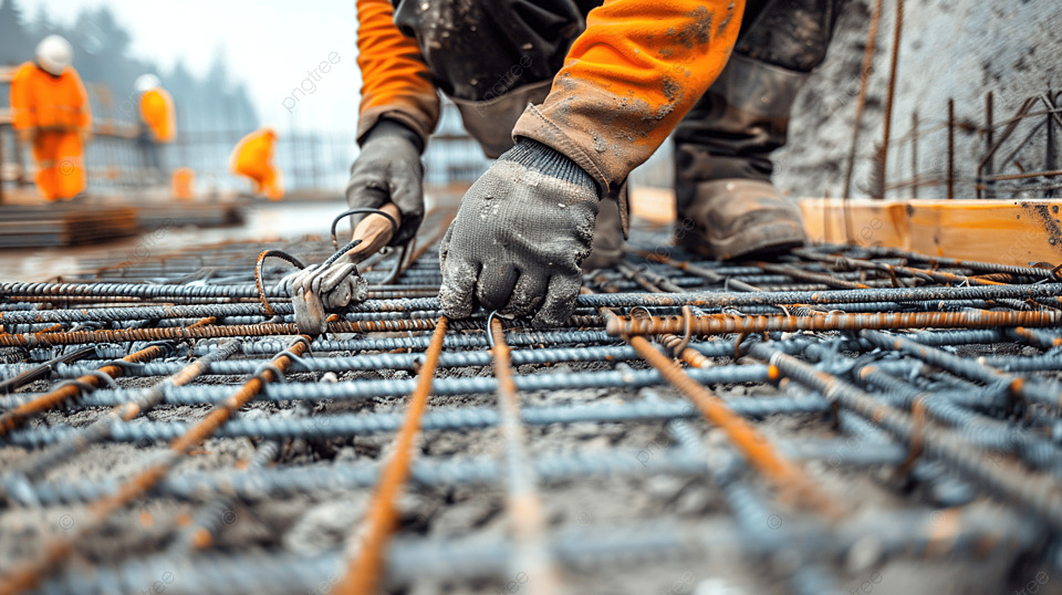 工人在建筑工地用钢丝钳刀具固定钢筋框架