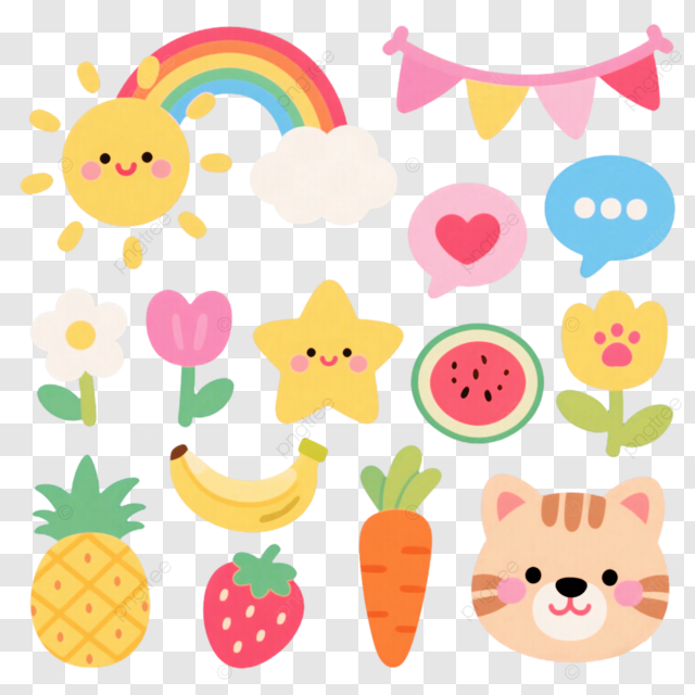 卡通插画太阳彩虹爱情水果小猫可爱贴纸标签剪贴画系列矢量