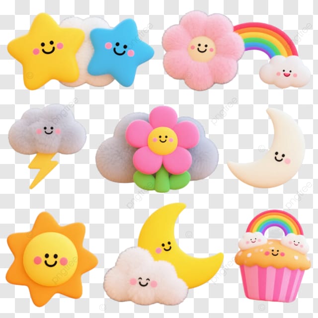卡通创意插画毛茸茸星星彩虹花朵闪电月亮太阳标签贴纸剪贴画收藏