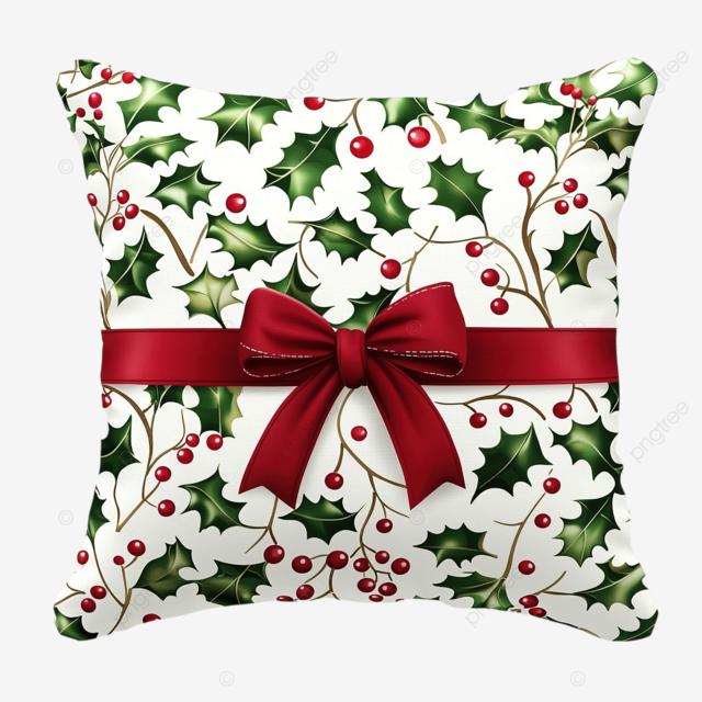 带冬青和蝴蝶结的圣诞装饰枕头
