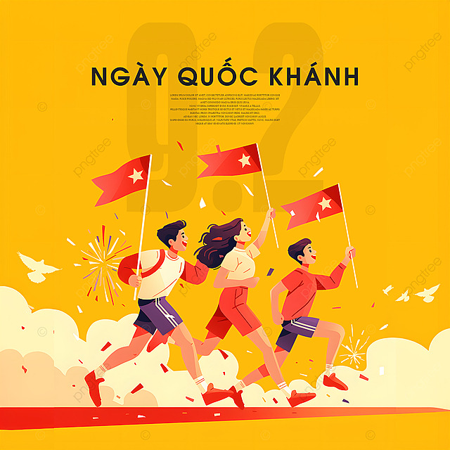 卡通插画青年奔跑国旗越南国庆日节日庆祝社交媒体广告