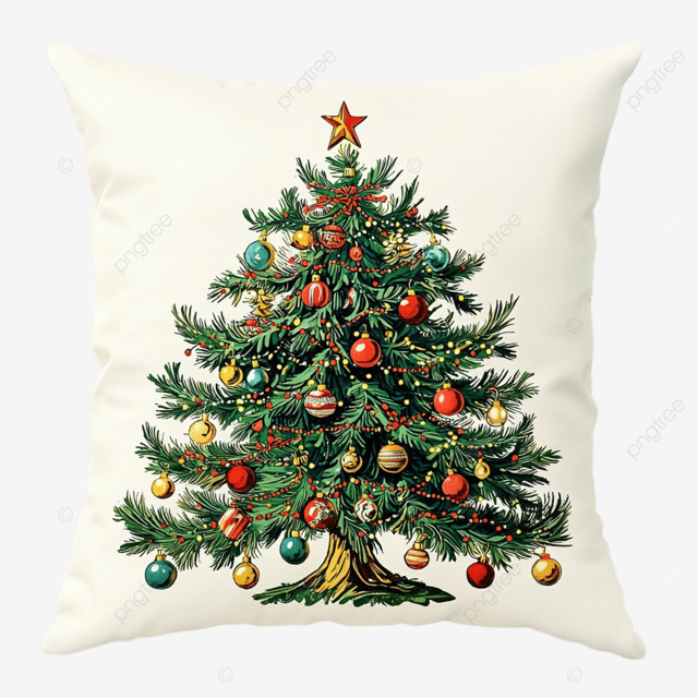 用装饰品装饰的节日圣诞树枕头