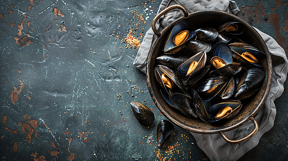 桌面视图中金属中的泰国贻贝