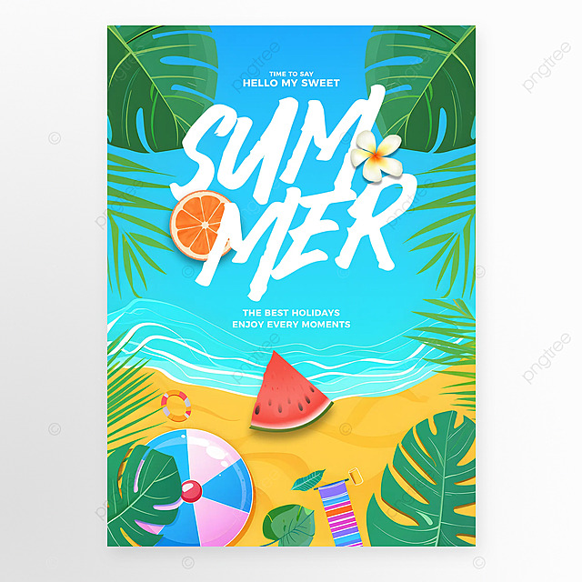 卡通插画大海沙滩植物叶子西瓜你好夏天宣传促销折扣海报