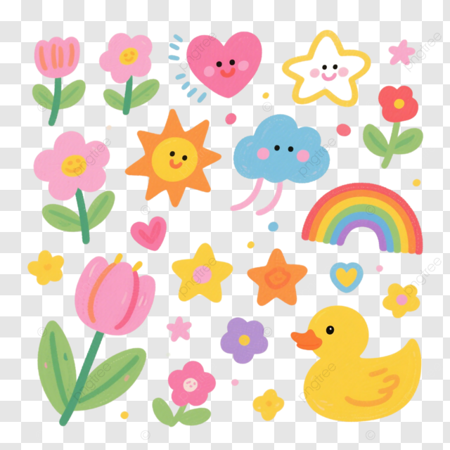 可爱插画时尚创意太阳鸭彩虹五星花标签贴纸剪贴画矢量