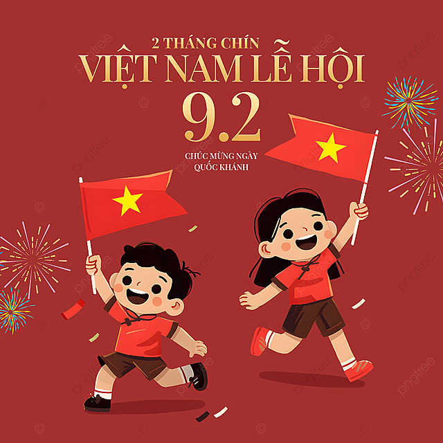卡通插画男孩女孩国旗烟花越南国庆日独立日节日祝福社交媒体广告