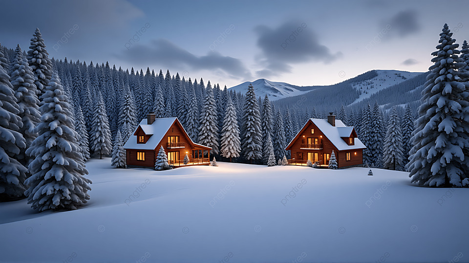 温暖的灯光照亮了冬季森林中的小木屋