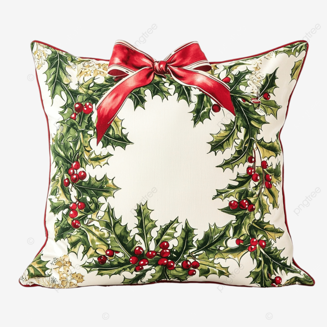 带冬青和蝴蝶结的圣诞装饰枕头