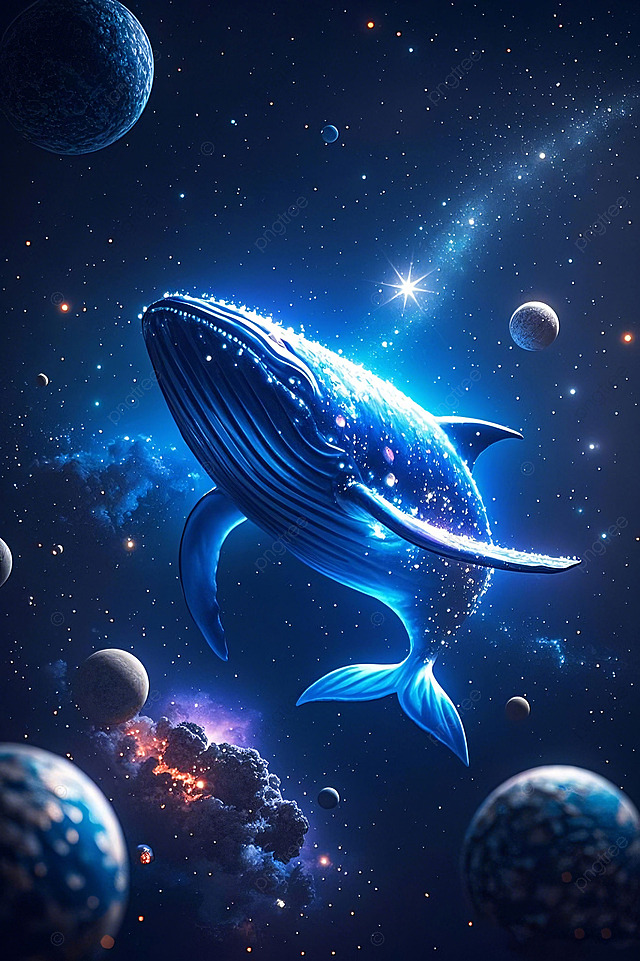 奇幻超现实风格鲸鱼和星球蓝色插画背景