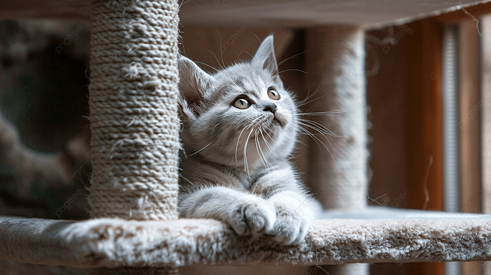 美丽的英国灰白色小猫躺在猫屋上抬头