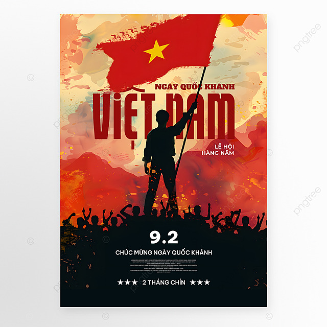 卡通水粉水彩越南国旗人物欢呼人群剪影越南国庆日节日庆祝海报