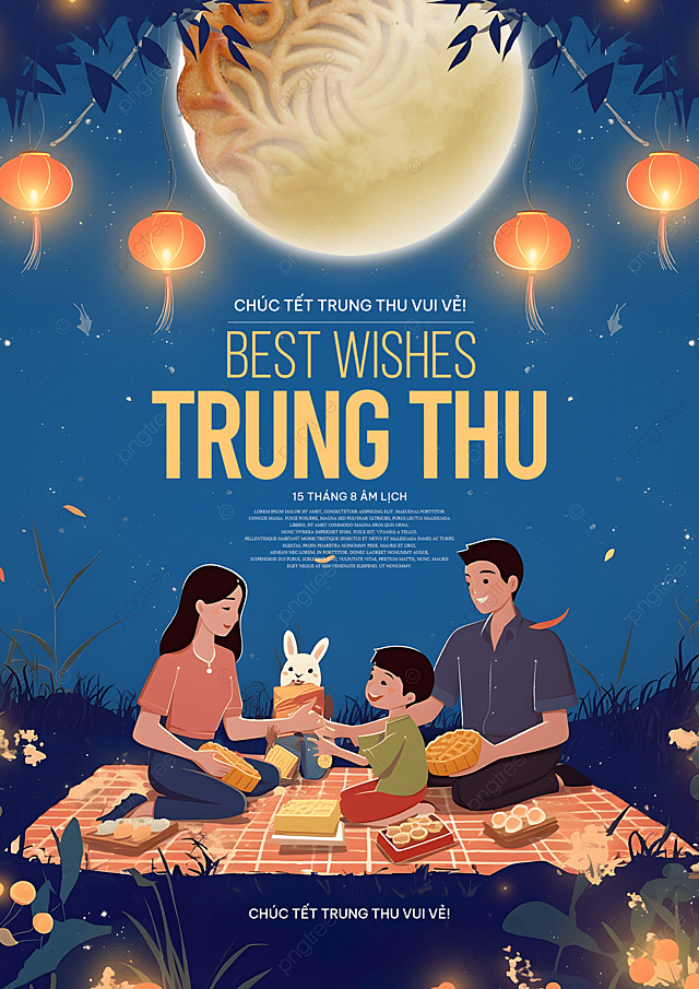 夜晚星空月亮灯笼家人聚餐月饼越南中秋节节日祝福海报