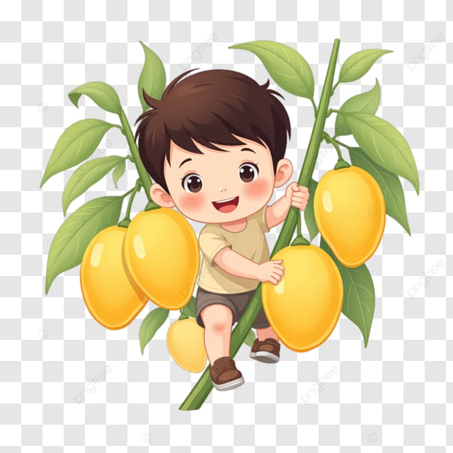 小男孩爬树摘芒果