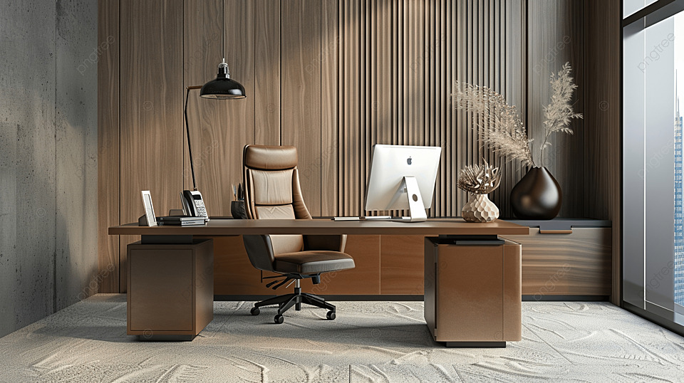 工作办公桌，配有电脑桌面电话扶手椅和花瓶