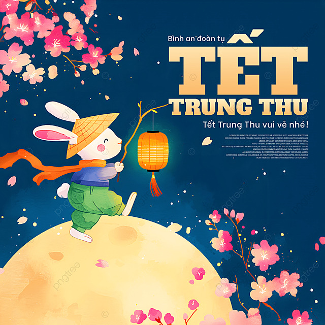 卡通插画兔子灯笼月亮花卉越南中秋节节日祝福社交媒体广告
