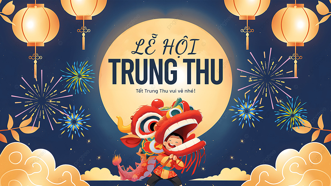 卡通插画灯笼祥云舞狮月亮烟花越南中秋节节日祝福网页横幅