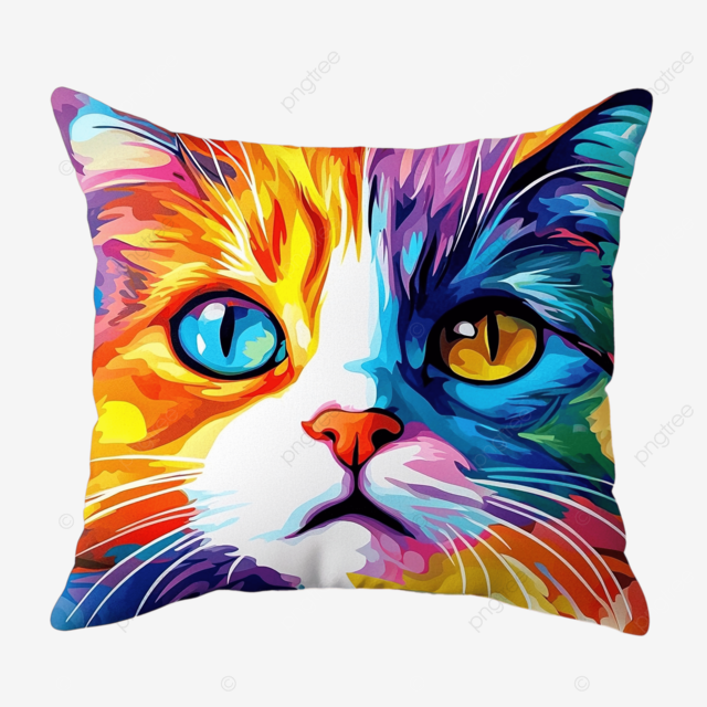 带有橙色猫脸画的彩色枕头