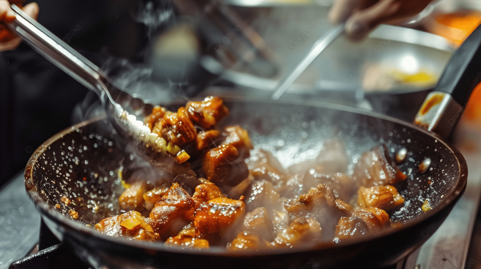 用煎锅和夹子烹饪五花肉