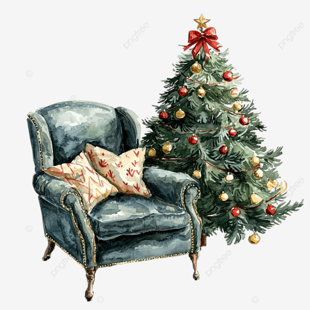 带椅子和枕头的圣诞树水彩画