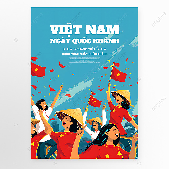 卡通插画越南人民国旗欢呼越南国庆节节日庆祝海报