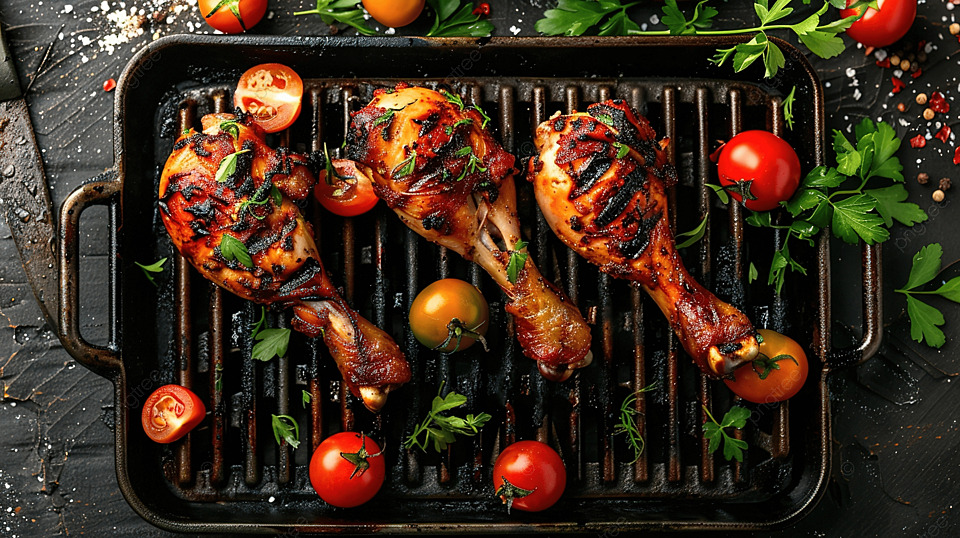 旧烤架上的烤鸡腿