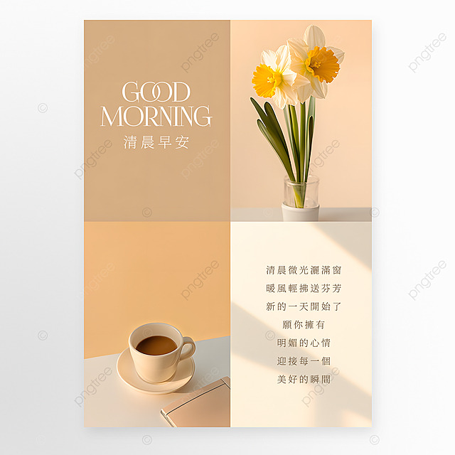 花瓶鲜花咖啡杯光影摄影效果你好早安早上好日常问候祝福海报
