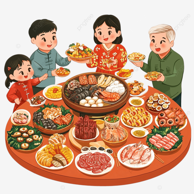 新年 春节美食 合家团圆 年夜饭 年货 中国风 国潮插画 二次元