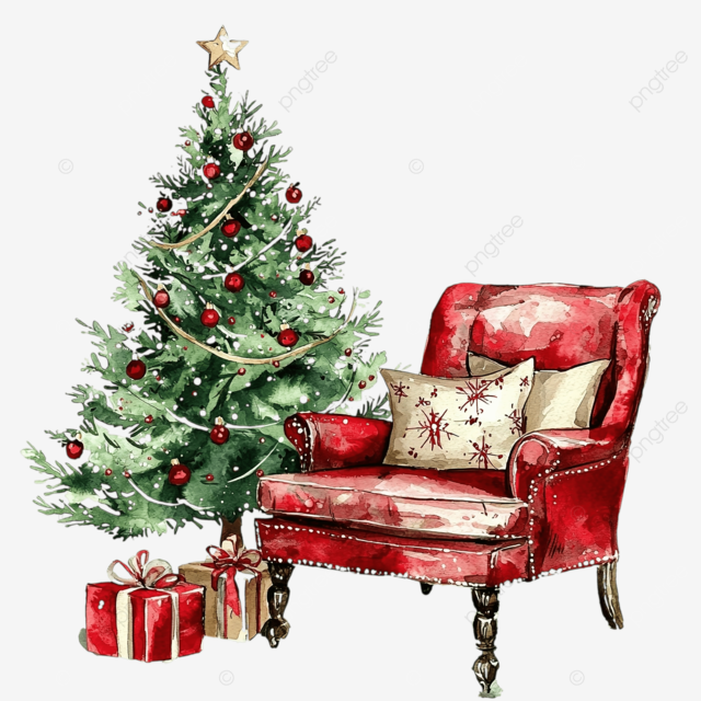 带椅子和枕头的圣诞树水彩画