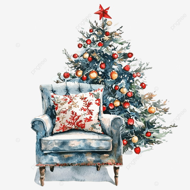 带椅子和枕头的圣诞树水彩画