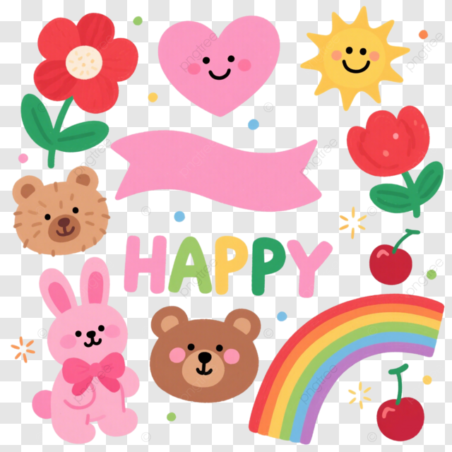 卡通可爱创意插画小熊兔子彩虹花朵太阳爱情贴纸标签剪纸绘画矢量
