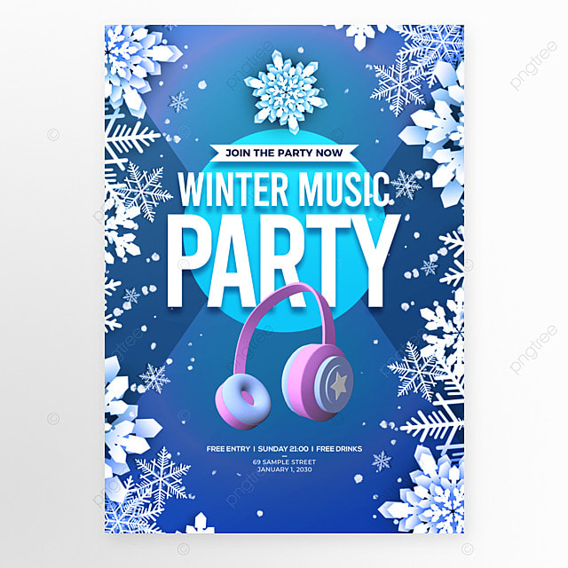 雪花边框音乐耳机冬季音乐派对海报