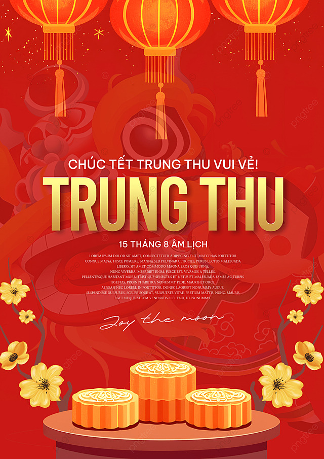 卡通插画月饼花卉灯笼舞狮越南中秋节节日祝福海报