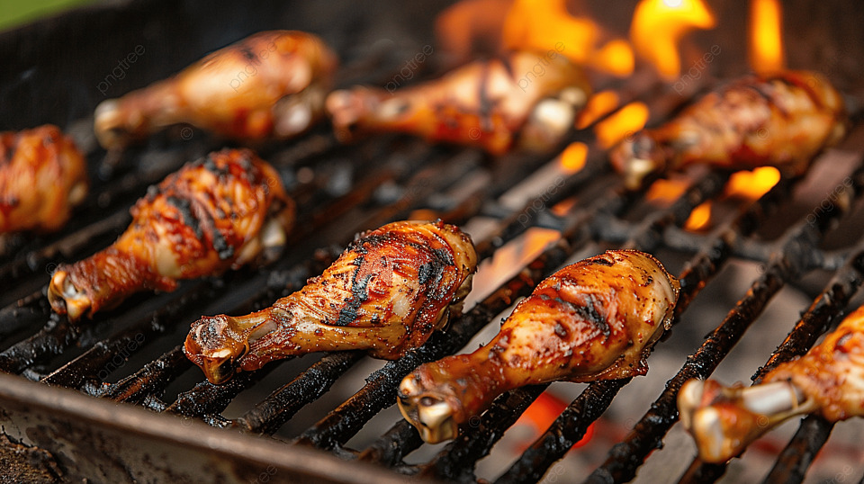 旧烤架上的烤鸡腿