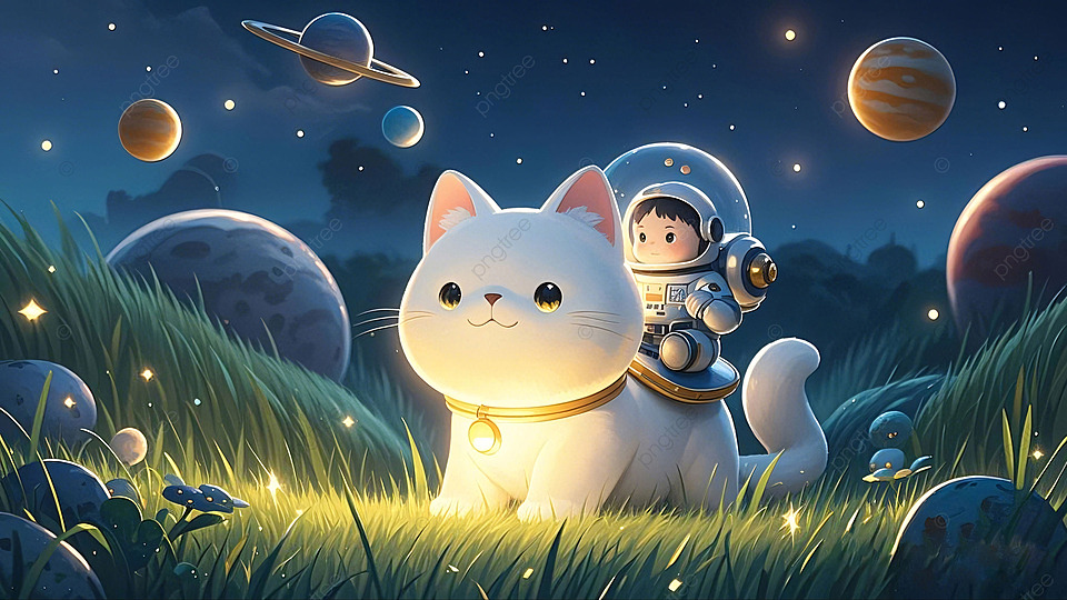 可爱梦幻想象力猫咪星球宇航员插画背景