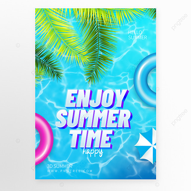 你好夏天艺术字卡通泳池蓝色宣传海报