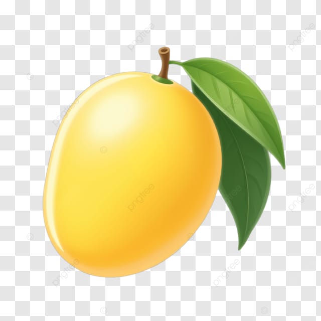 这幅画描绘了一颗黄色的芒果带有绿叶