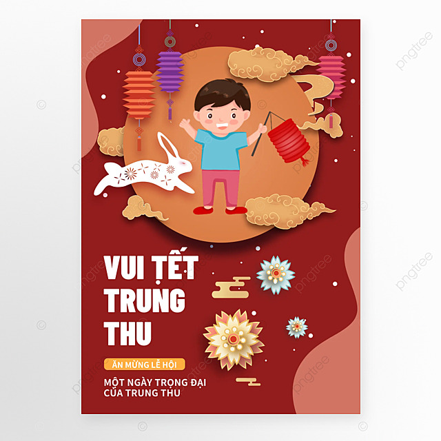 越南传统中秋节红色卡通海报模板