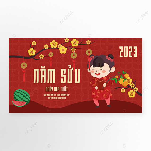 越南新年传统节日卡通人物横幅模板