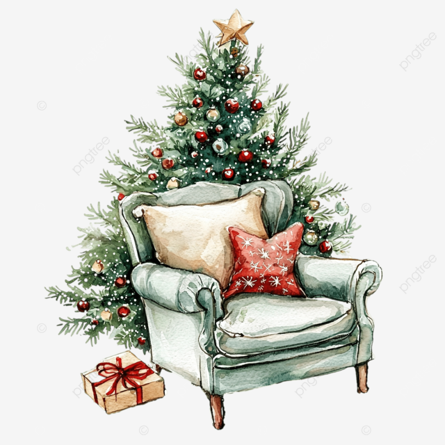 带椅子和枕头的圣诞树水彩画