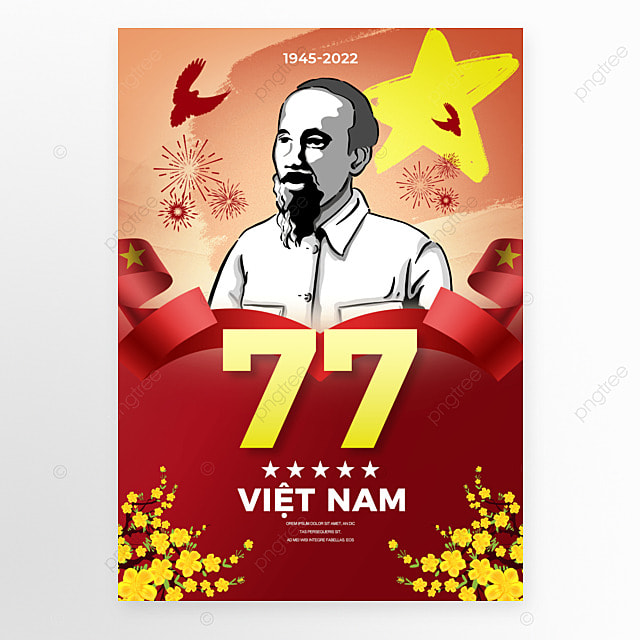 胡志明越南国旗水粉效果卡通国庆日77周年节日海报