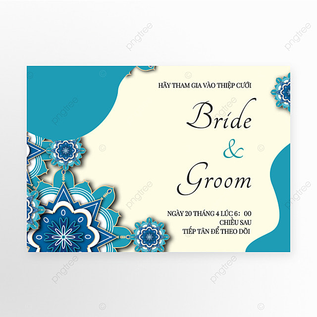 蓝色精美花朵越南婚礼幸福邀请函